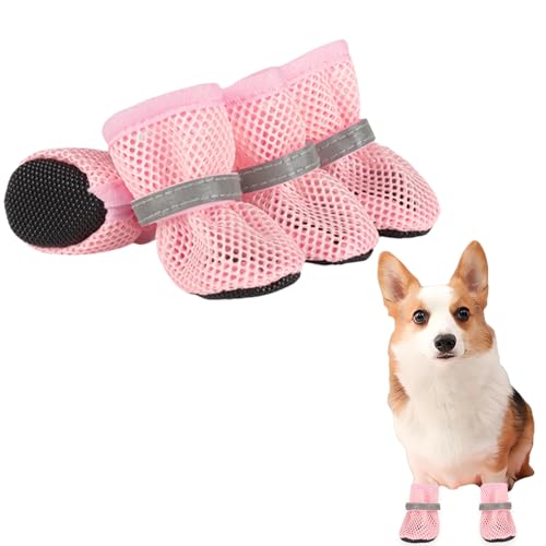 Sommer Mesh Hunde Schuhe, 4 Stück Atmungsaktive Pfotenschutz Hundeschuhe Anti-Rutsch Hundeschuhe für heiße Sommerböden, Sommer Verstellbarem Hundestiefel fürkleine Hunde (Rosa, M) von Symphonyw