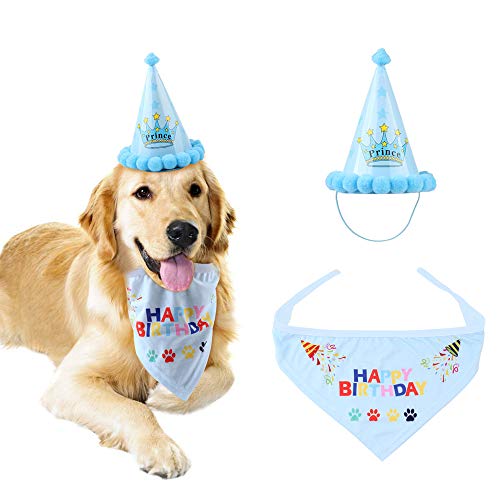 Symphonyw Hunde-Geburtstagshut und Halstuch, Happy Birthday Bandana Schals und niedliche Partyhut, Welpe, Hund, Geburtstags-Outfit für Party-Zubehör (blau) von Symphonyw