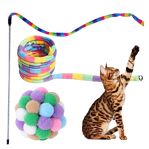 Sysdisen Katze Regenbogen Zauberstab Spielzeug - Schnurspielzeug, interaktives Katzenspielzeug-Zauberstab-Set,Regenbogenband-Charmer-Zauberstab, sicher, bunt, mit Kugel für Kätzchen von Sysdisen