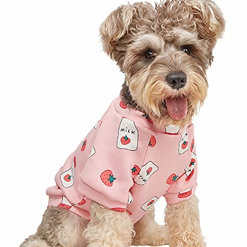 Hunde-Winter-Pullover für Katzen, warme Kleidung, Hundepullover, hautfreundlich, schöner Milch-Erdbeer-Druck, hält warm, rosa Katzen-Pullover, Haustierbekleidung für die kalte Jahreszeit – Rosa L von Sytaun
