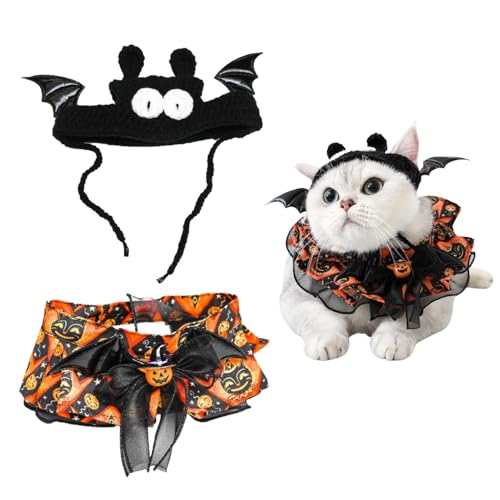Halloween-Kostüm für Haustiere, 2-teiliges Set, Fledermausmütze und Kürbis-Lätzchen für Katzen, verstellbares Hexenhalsband und Lätzchen, weiches Kätzchen-Kostüm-Zubehör von Syzplnwy