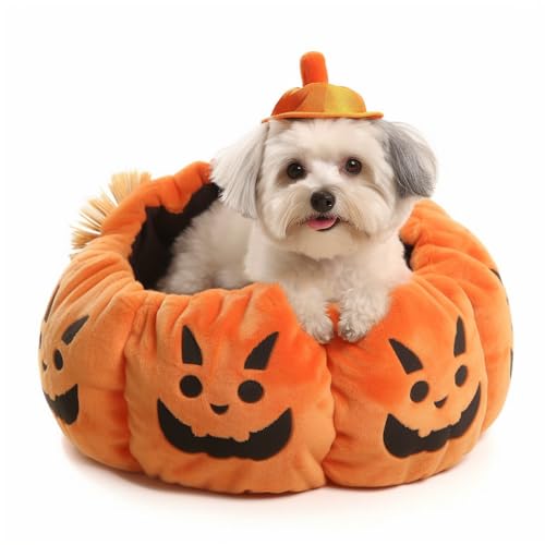 Halloween-Kürbis-Haustierbett: Winterwarmes, halbgeschlossenes Hundebett – Haustierbedarf von Syzplnwy