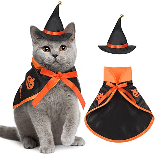 Syzplnwy Hexenhut & Umhang Set für Haustiere Katzen und Hunde – Verstellbares Halloween-Kostüm mit Kürbis-Zubehör, Karneval, 2 Stück von Syzplnwy