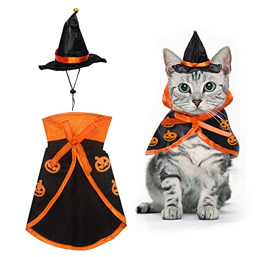 Syzplnwy Hexenhut & Umhang Set für Haustiere Katzen und Hunde - Verstellbares Halloween-Kostüm mit Kürbis-Zubehör Karneval, 1 Stück von Syzplnwy