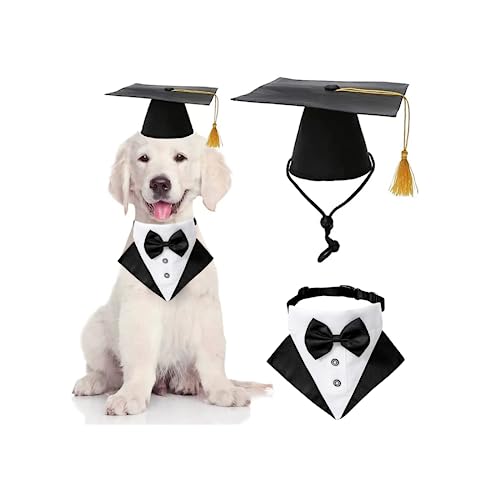 T'CHAQUE Hunde-Abschlusskappe, Hundefliege mit gelber Quaste, Hut für kleine, mittelgroße und große Hunde, verstellbare formelle Hüte mit Fliege/Bandana, Hundehalstücher Halsband für Hochzeit, von T'CHAQUE