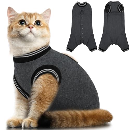 T'CHAQUE Katzen-Operationsanzug für weibliche Männer, Katzen-Einteiler für Katzen nach Operationen, Anti-Leck-Pyjama, Bauch-Wundheilung, E-Halsband-Alternative, Spay/Neuter-Erholungskleidung, Grau, von T'CHAQUE