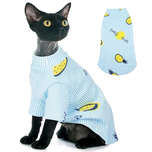 T'CHAQUE Sphynx Katzenkleidung, dehnbares, haarloses Katzen-Shirt, weicher Katzen-Pyjama, Pullover, Kätzchenpullover, niedliche Kätzchen-Kleidung für Sphynx Cornish Rex, Devon Rex, blaue Streifen, von T'CHAQUE