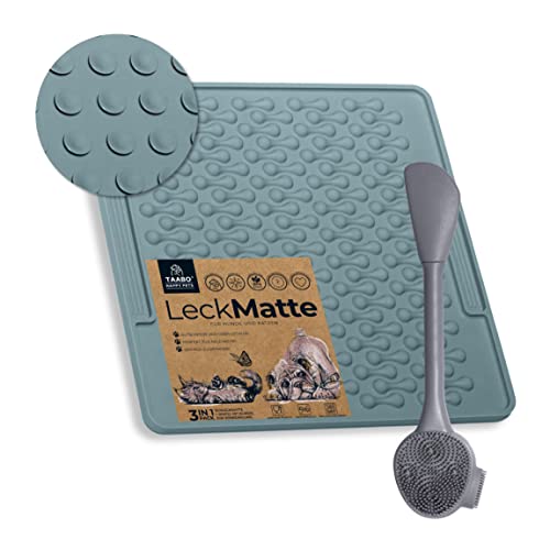 TAABO - Leckmatte inkl. Spatel mit 64 Saugnäpfen für Hund & Katze aus lebensmittelechtem Silikon (20x20cm) - Schleck-Matte zur Beschäftigung - Hunde & Katzen Leckerli-Matte BPA-Frei, Spülmaschinenfest von TAABO