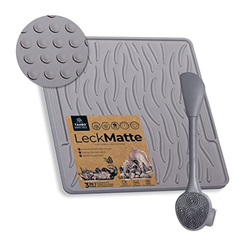 TAABO - Leckmatte inkl. Spatel mit 64 Saugnäpfen für Hund & Katze aus lebensmittelechtem Silikon (20x20cm) - Schleck-Matte zur Beschäftigung - Hunde & Katzen Leckerli-Matte BPA-Frei, Spülmaschinenfest von TAABO