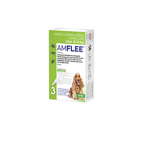 Amflee Spot On Floh- und Zeckenmittel für Hunde von 10-20 kg, mittelgroß, 3 Einzeldosis-Pipetten mit 134 mg Fipronil, Lösung zum Auftropfen von Amflee