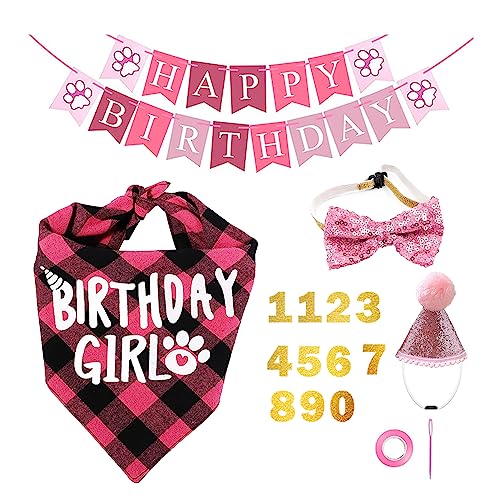 TAFACE Hundegeburtstagsparty-Set, Hut, Schleife, Schmetterlingsflagge, Schal, Zahlenaufkleber, Party-Set Niedlich für Hunde, wiederverwendbar, Rosa, Medium, 64 cm von TAFACE