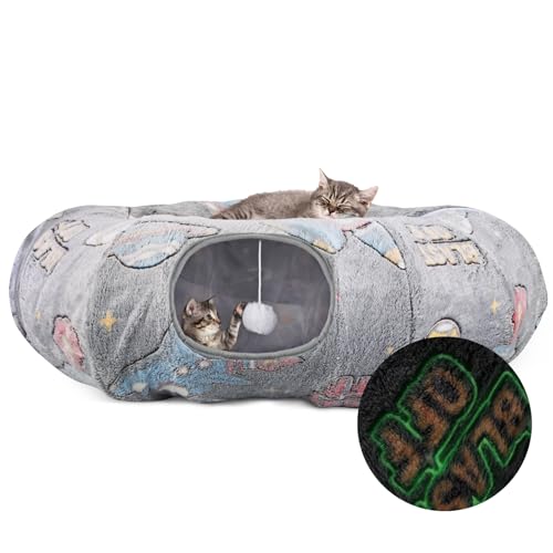 TAIKURA Katzentunnel, Glow-in-The-Dark-Design, Faltbares Katzentunnel Rund mit Schlafplatz, Rascheltunnel XXL Großes Katzen Tunnel, 4X Eingängen Katzenhöhle & 2X Spielzeugbälle, Mehrere Kombinationen von TAIKURA