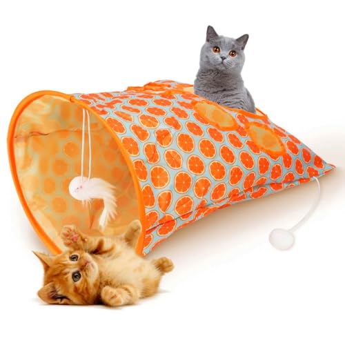 TAIYUNWEI Katzentunneltaschen, zusammenklappbare Katzenbohrtasche mit Plüschball, selbstinteraktives Spielzeug für Indoor-Katzen (Orange) von TAIYUNWEI