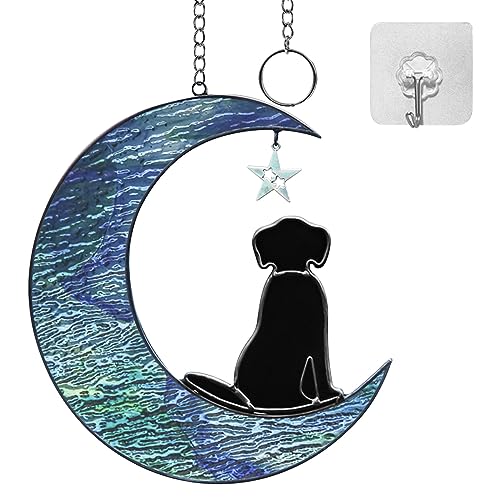 TALOEYH Hunde-Gedenkgeschenke für den Verlust des Hundes, Hund auf Mond, Verlust des Hundes, Beileidsgeschenk, Buntglas, Fenster, zum Aufhängen, handgefertigt, Mond, kreatives Mond, hängendes Ornament TALOEYH Hunde-Gedenkgeschenke für den Verlust des Hundes, Hund auf Mond, Verlust des Hundes, Beileidsgeschenk, Buntglas, Fenster, zum Aufhängen, handgefertigt, Mond, kreatives Mond, hängendes Ornament von TALOEYH