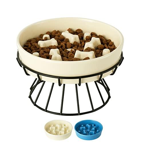 21,6 cm langsame Keramik-Hundenapf mit erhöhtem Metallständer, 1,75 Tassen, rutschfest, erhöhter Hundenapf, Futternapf für kleine und mittelgroße und große Hunde, Beige von TAMAYKIM