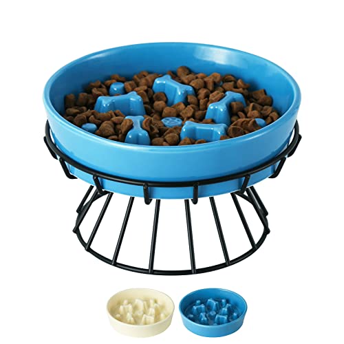 21,6 cm langsame Keramik-Hundenapf mit erhöhtem Metallständer, 1,75 Tassen, rutschfest, großer Puzzle-Futternapf, Futternapf für kleine und mittelgroße Hunde, Blau von TAMAYKIM