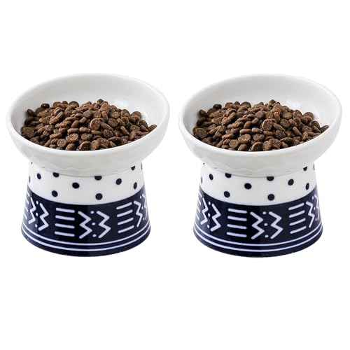 TAMAYKIM Erhöhte Futternäpfe aus Keramik, geneigt, erhöhtes Futter- und Wassernapf-Set für Kätzchen, Katzen und Welpen, Porzellan, stressfrei, Marineblau, 2 Stück von TAMAYKIM
