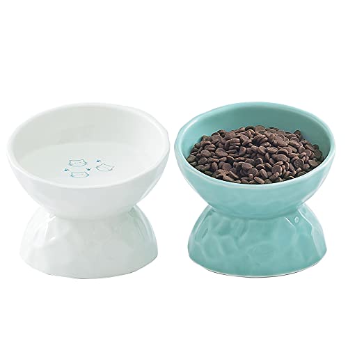 TAMAYKIM Gekippte Keramik-erhöhte Katzennäpfe, 237 ml, Futter- und Wassernapf-Set für Katzen, spülmaschinen- und mikrowellengeeignet, 2 Stück (Weiß und Mintgrün) von TAMAYKIM