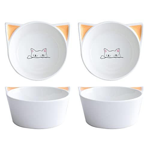 TAMAYKIM Keramik-Kätzchen-Schale, Futter- und Wassernapf-Set für Katzen, Porzellan, erhöht, stressfrei, 4 Stück, Weiß von TAMAYKIM