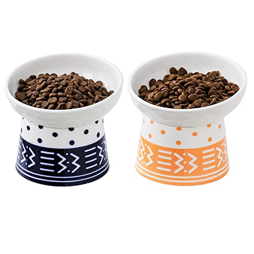 TAMAYKIM Tilted Ceramic Elevated Cat Bowls, Raised Food and Water Bowl Set for Kitty Cats and Puppy, Porcelain Stress Free Feeding Pet Dish, Navy Blue & Orange, Set of 2 von TAMAYKIM