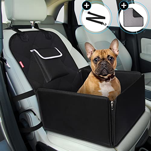 TAMOWA Extra Stabiler Hunde Autositz, Hunde Autositz für Kleine bis Mittlere Hunde Vordersitz & Rückbank, Hundesitz Auto mit Sicherheitsgurt, Wasserdichter Hundeautositz für Autoschutz, Schwarz von TAMOWA
