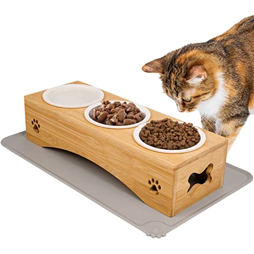 TAMOWA Katzennapf Erhöht, 3er Set Futternapf Katze Futterstation mit Napfunterlage Silikon,Futterstation Katzen Keramik Hundenapf, Fressnapf und Wassernapf für Katzen und Kleine Hunde von TAMOWA