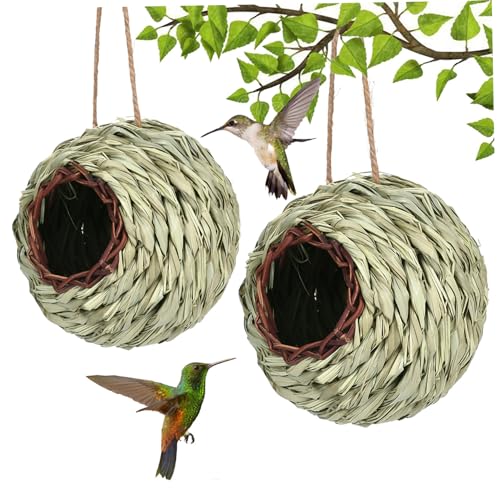 Hummingbird House 2PCS Grass Woven Hummingbird Nest with Hanging Rope Ball Shape Bird House for Patio Lawn Garden Decor Gifts for Bird Lovers von TANGPINGMAO