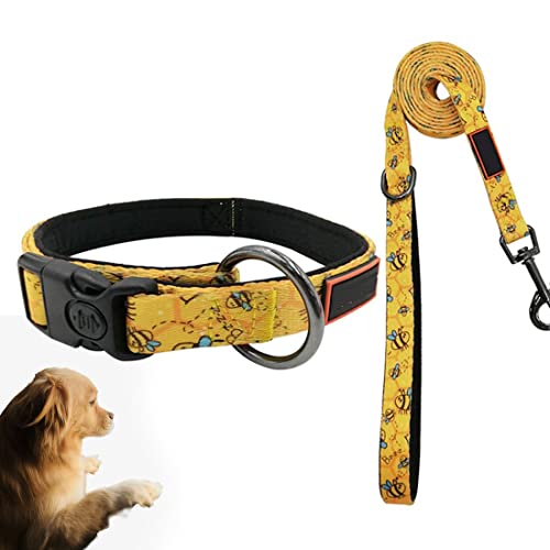 TANZEDMI Hundehalsband und Leine, verstellbar, weich, Hundehalsband und Leine mit Schnellverschluss-Schnalle für Welpen, kleine, mittelgroße und große Hunde, kleine gelbe Biene, L von TANZEDMI