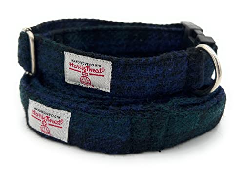Black Watch Harris Tweed Hundehalsband und Leine, handgefertigt, Größe M von TARTAN TWEEDS