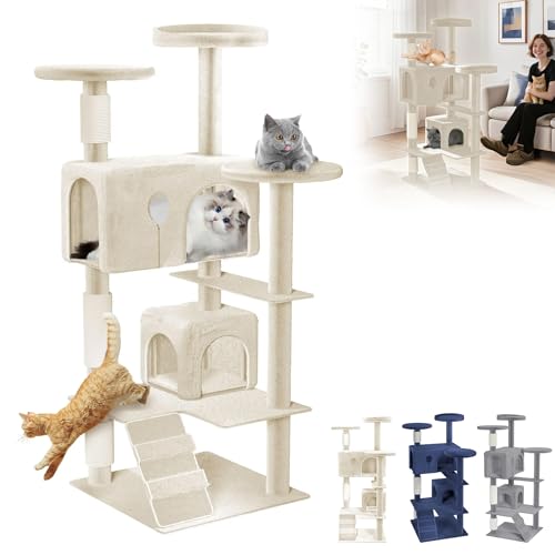 TATIVALO 130 cm Katzenkratzbaum in Beige mit Sisal-Kratzsäulen, Plüsch-Liegeflächen, Hängespielzeug, Stabiler Höhle & Leiter – Kletterbaum für Wohnungskatzen TATIVALO 130 cm Katzenkratzbaum in Beige mit Sisal-Kratzsäulen, Plüsch-Liegeflächen, Hängespielzeug, Stabiler Höhle & Leiter – Kletterbaum für Wohnungskatzen von TATIVALO