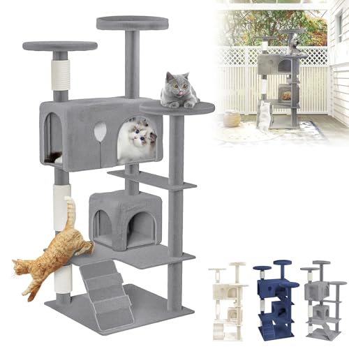 TATIVALO 130 cm Katzenkratzbaum in Hellgrau mit Sisal-Kratzsäulen, Plüsch-Liegeflächen, Hängespielzeug, Stabiler Höhle & Leiter – Kletterbaum für Wohnungskatzen von TATIVALO