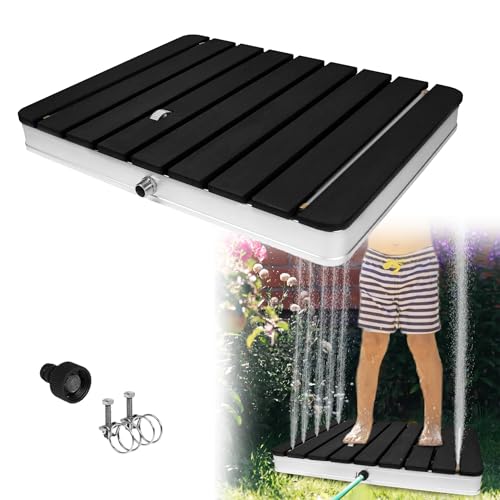 TATIVALO Gartendusche Campingdusche, Aluminium WPC Bodendusche, 70x55 cm Rechteck Pooldusche, rutschfeste Außendusche mit Fußrad, Fontänenhöhe bis 4 m, für Garten, Pool, Sauna & Camping, Anthrazit von TATIVALO