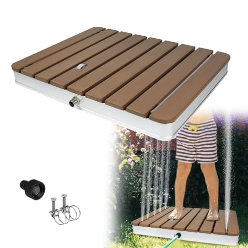 TATIVALO Gartendusche Campingdusche, Aluminium WPC Bodendusche, 70x55 cm Rechteck Pooldusche, rutschfeste Außendusche mit Fußrad, Fontänenhöhe bis 4 m, für Garten, Pool, Sauna & Camping, Braun von TATIVALO