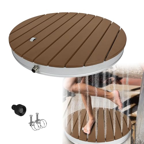 TATIVALO Gartendusche Campingdusche, Aluminium WPC Bodendusche, Ø70 cm Rund Pooldusche, rutschfeste Außendusche mit Fußrad, Fontänenhöhe bis 4 m, für Garten, Pool, Sauna & Camping, Braun von TATIVALO