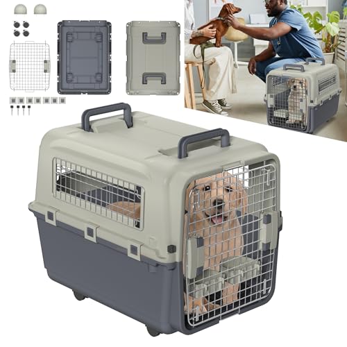 TATIVALO Hundetransportbox mit Sicherheitsverriegelung und Lüftungsgitter, Flugzeugtaugliche Reisebox für Hunde, 67x51x58,5cm cm (L x B x H) von TATIVALO
