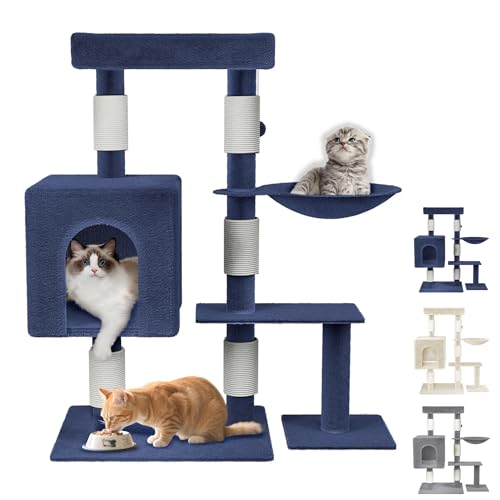 TATIVALO Mittelgroßer Katzenkratzbaum 92 cm – Stabiler Kratzbaum mit Sisalstämmen, gepolsterter Hängemulde & Mehreren Plattformen – Ideal zum Klettern, Spielen & Entspannen – Blaugrau von TATIVALO