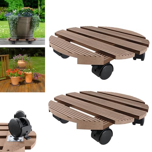 TATIVALO WPC Pflanzenroller rund, 30x30 cm Hellbraun mit Rollen und Feststeller Blumentopf Untersetzer bis 100 kg für innen und außen von TATIVALO