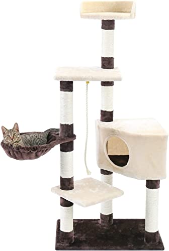 Katzenbaum mit mehreren Ebenen für Katzen mit gemütlichen Sitzstangen, stabiles Klettergerüst für Katzen, Kratzbrett, Spielzeug, grau und beige von TATSEN
