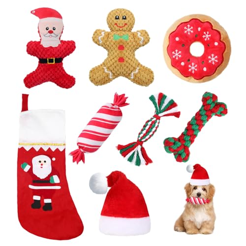 TATWOQ 8-teiliges Weihnachts-Hundespielzeug-Set, Plüsch, quietschendes Spielzeug, Weihnachtsmann, Lebkuchenmann, Donut und Süßigkeiten, Stofftiere, Seilspielzeug, Weihnachtsmannmütze und Socke, TATWOQ 8-teiliges Weihnachts-Hundespielzeug-Set, Plüsch, quietschendes Spielzeug, Weihnachtsmann, Lebkuchenmann, Donut und Süßigkeiten, Stofftiere, Seilspielzeug, Weihnachtsmannmütze und Socke, von TATWOQ