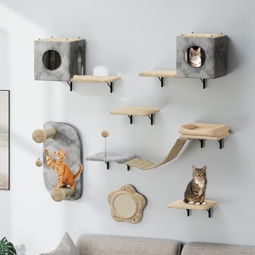 TAUS 8-teiliges Kratzmöbel-Set aus strapazierfähigem Flanell mit Katzenhaus, Schlafplatz, Kratzbrett, Hängebrücke und Sisal-Säulen für Katzen zum Schlafen und Spielen von TAUS