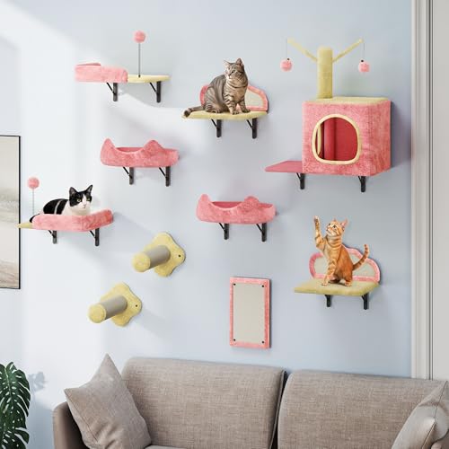 TAUS Flanell Wand-Kratzmöbel Set, 10-teilige stabile Katzenmöbel mit Katzenhaus, Schlafplatz, Kratzbrett, Sisal-Säulen für Katzen zum Schlafen, Spielen und Entspannen von TAUS