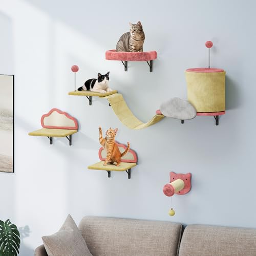 TAUS Flanell Wand-Kratzmöbel Set, 6-teilige stabile Katzenmöbel mit Katzenhaus, Schlafplatz, Hängebrücke, Sisal-Säule für Katzen zum Schlafen und Spielen von TAUS