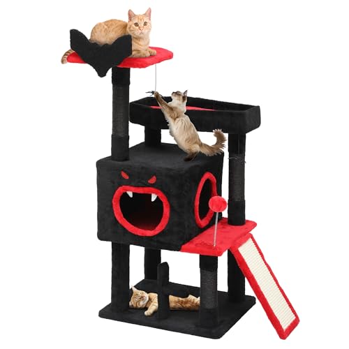 TAUS Gothic Kratzbaum, Mehrstöckiges Kratzbrett mit Zwei Sitzstangen, Bodenplattform, Kletterrampe, Pompoms, Spinnendekoration und Sisalstämmen, Indoor-Katzenhaus in Schwarz-Rot von TAUS