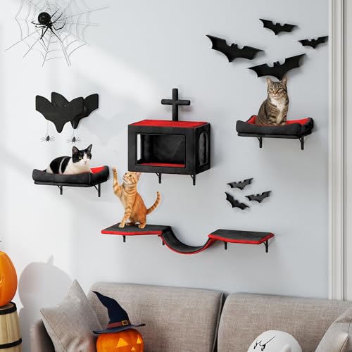 TAUS Gothic Kratzmöbel-Set, 5-teiliges Kratzmöbel aus Flanell mit Katzenhaus, Schlafplatz, Hängematte und Sisal-Säulen mit Spinnennetz-Design für Katzen zum Schlafen, Spielen und Entspannen von TAUS