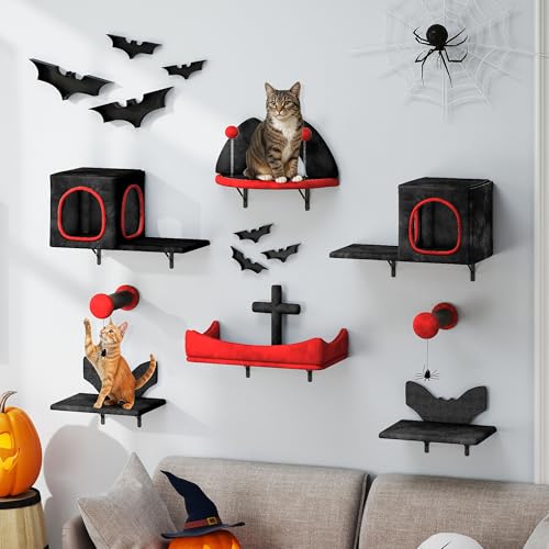 TAUS Gothic Kratzmöbel-Set, 8-teiliges Kratzmöbel aus Flanell mit Katzenhaus, Schlafplatz, 2 Plattformen und Sisal-Säulen mit Spinnennetz-Motiv für Katzen zum Schlafen, Spielen und Entspannen von TAUS