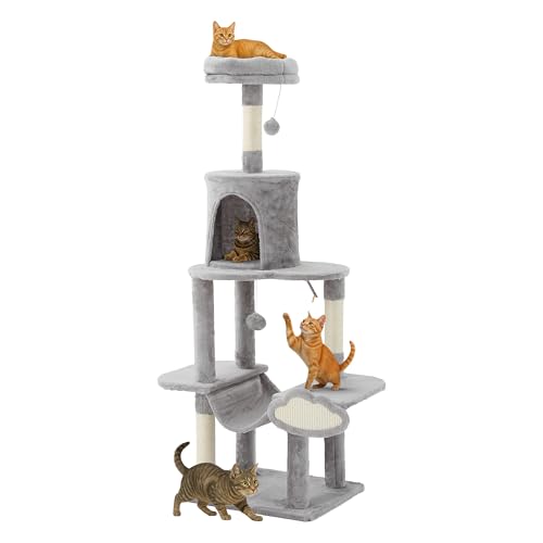 TAUS Kratzbaum mit Hängematte, Mehrstöckiges Kratzbrett mit Sitzstange für große Katzen, platzsparender Kratzturm für Zuhause und Wohnzimmer in Hellgrau von TAUS