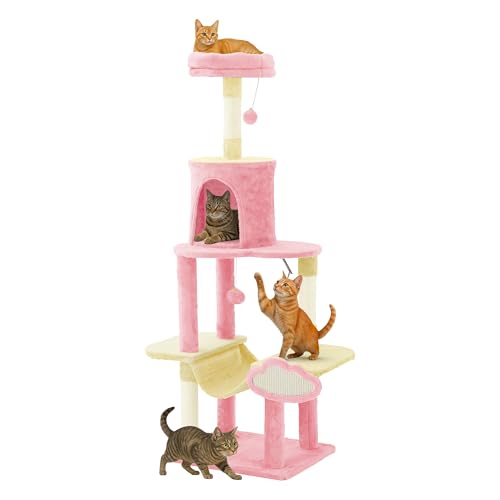 TAUS Kratzbaum mit Hängematte, Mehrstöckiges Kratzbrett mit Sitzstange für große Katzen, platzsparender Kratzturm für Zuhause und Wohnzimmer in Rosa TAUS Kratzbaum mit Hängematte, Mehrstöckiges Kratzbrett mit Sitzstange für große Katzen, platzsparender Kratzturm für Zuhause und Wohnzimmer in Rosa von TAUS