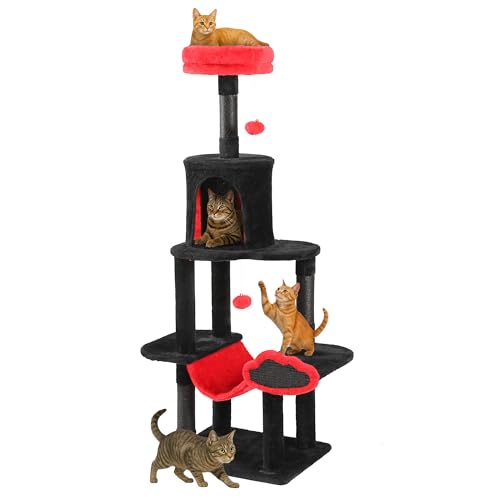 TAUS Kratzbaum mit Hängematte, Mehrstöckiges Kratzbrett mit Sitzstange für große Katzen, platzsparender Kratzturm für Zuhause und Wohnzimmer in Rot & Schwarz von TAUS