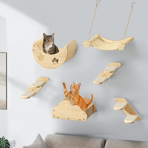 TAUS Wand-Kratzbaum Set, 6-teiliges Klettermöbel aus Massivholz mit 3 Klettertreppen, 2 Schlafplätzen und 1 Hängematte für Katzen zum Schlafen und Spielen von TAUS