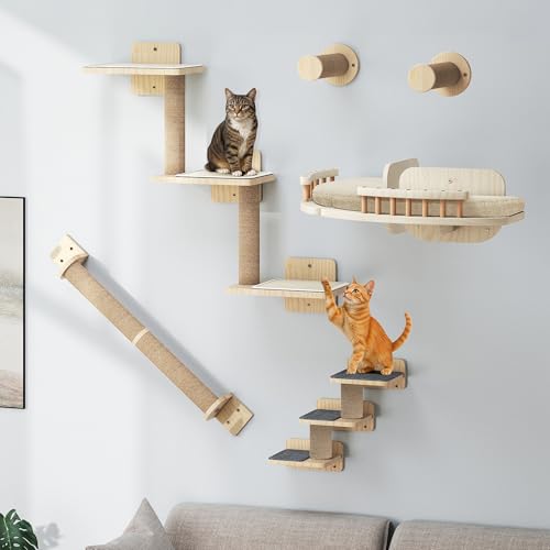 TAUS Wand-Kratzbaum Set, 7-teilige Klettermöbel aus Massivholz mit 3 Kratzsäulen, 2 Eck-Plattformen und 2 Treppenstufen für Katzen zum Schlafen und Spielen von TAUS